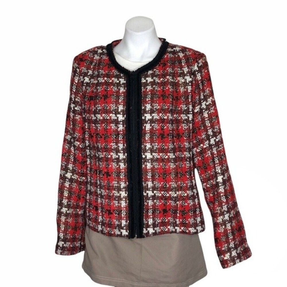 SAG HARBOR Plaid Jacket Red Black White Tinsel Zipper Front Womens Size 16